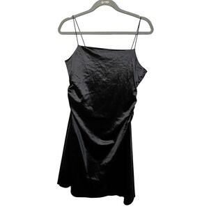 HM Divided Black Satin Ruched Mini Dress NWT Size L Spaghetti Strap Cocktail